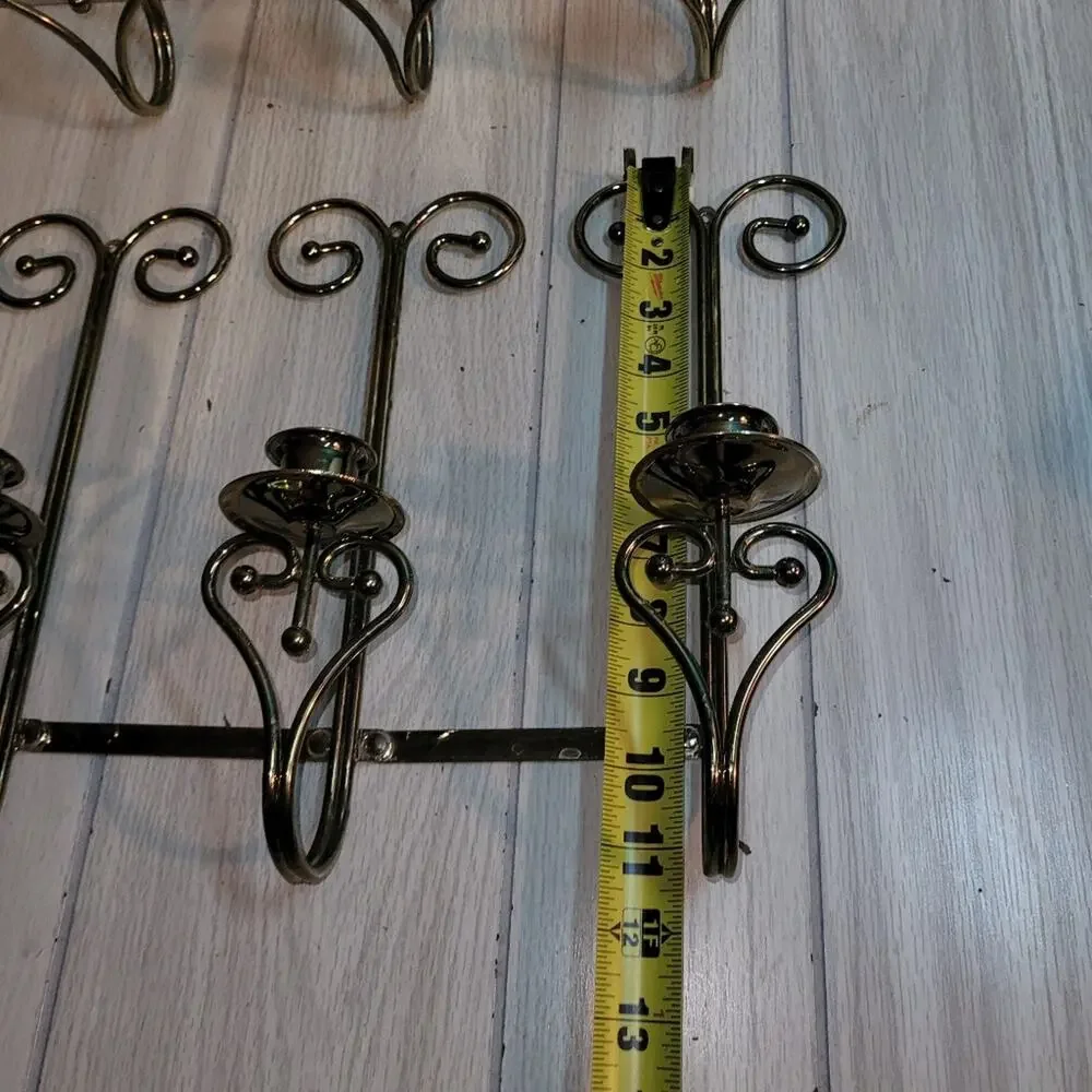 Vtg Brass Wall Mount Triple Sconce Pair Home Interior Candle Holders Gothic MCM